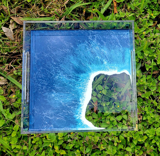 Resin Ocean Acrylic Tray with Handles 10 x 10 Inches