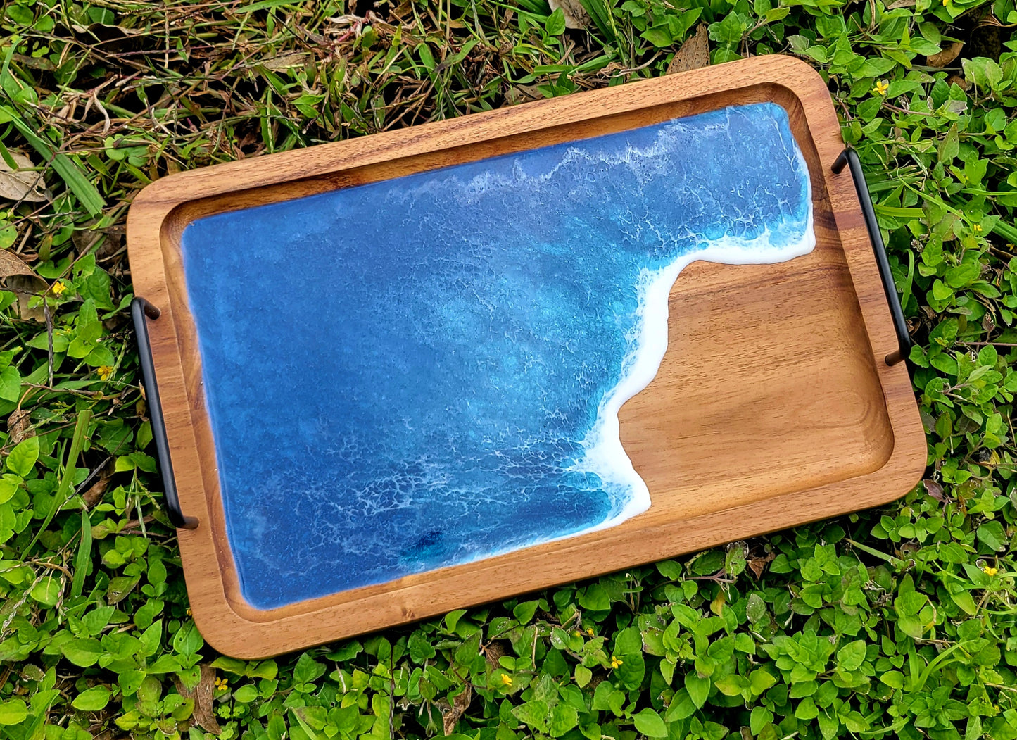 Resin Ocean Acacia Wood Tray with Handles 12 x 8 Inches