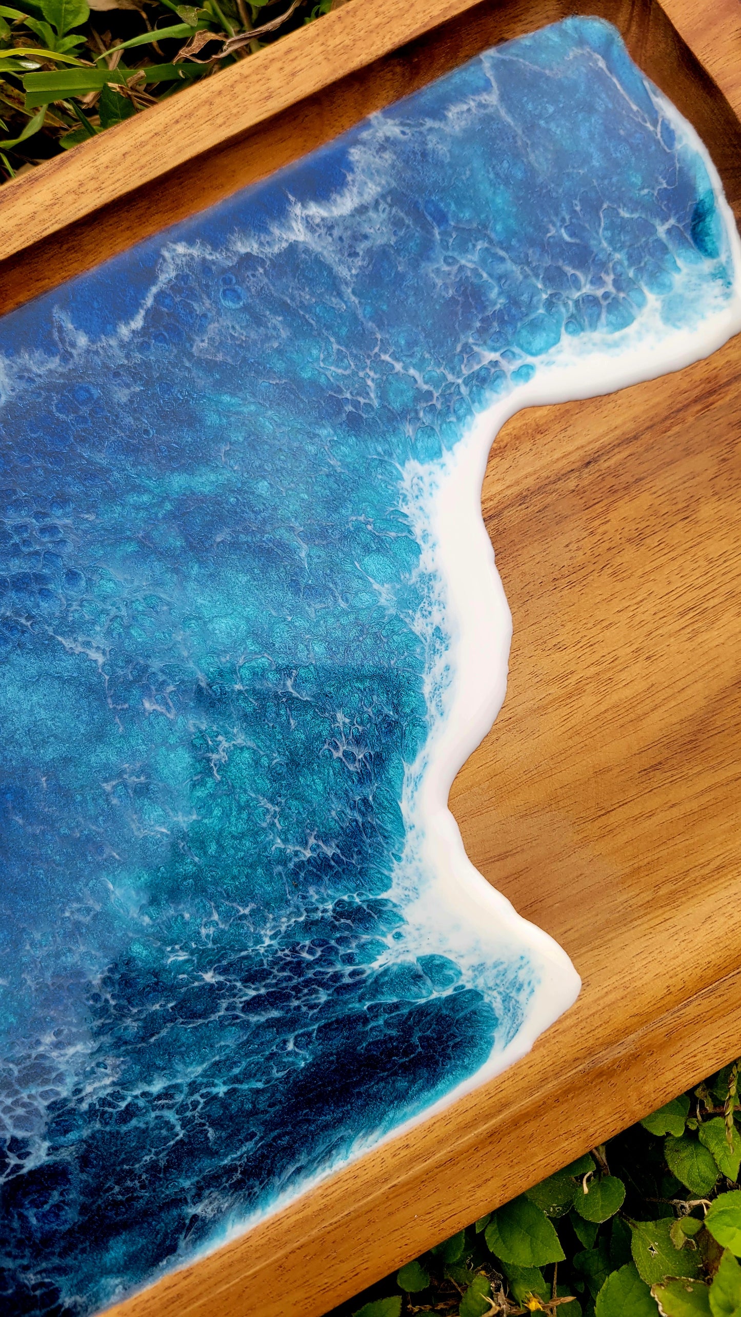 Resin Ocean Acacia Wood Tray with Handles 12 x 8 Inches